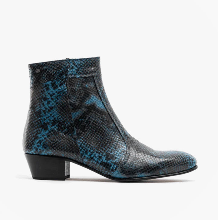 Club Cubano EMMANUEL Mens Snakeprint Leather Cuban Heel Boots Azul