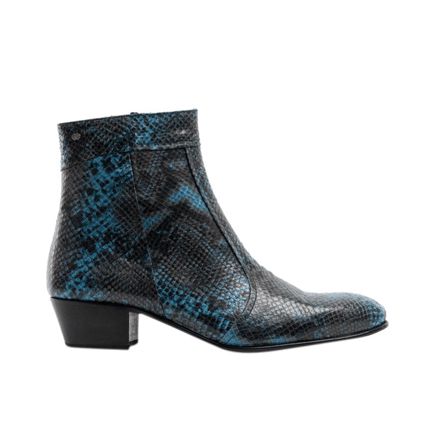 Club Cubano EMMANUEL Mens Snakeprint Leather Cuban Heel Boots Azul