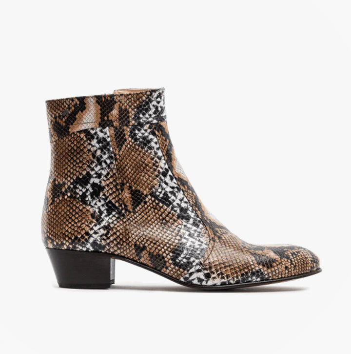 Club Cubano EMMANUEL Mens Snakeprint Leather Cuban Heel Boots Hielo