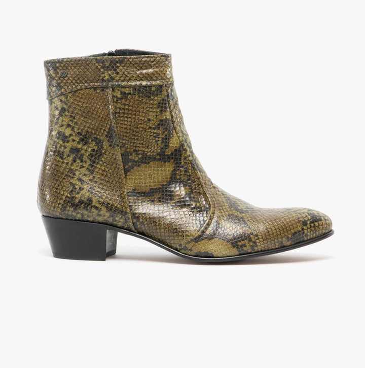 Club Cubano EMMANUEL Mens Snakeprint Leather Cuban Heel Boots Musgo