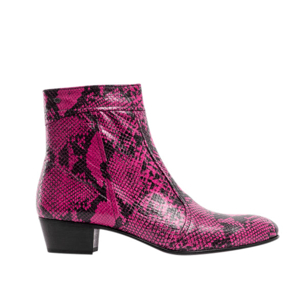 Club Cubano EMMANUEL Mens Snakeprint Leather Cuban Heel Boots Neon Magenta