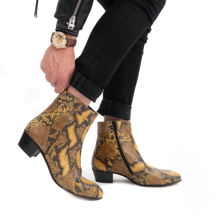 Club Cubano EMMANUEL Mens Snakeprint Leather Cuban Heel Boots Amarillo