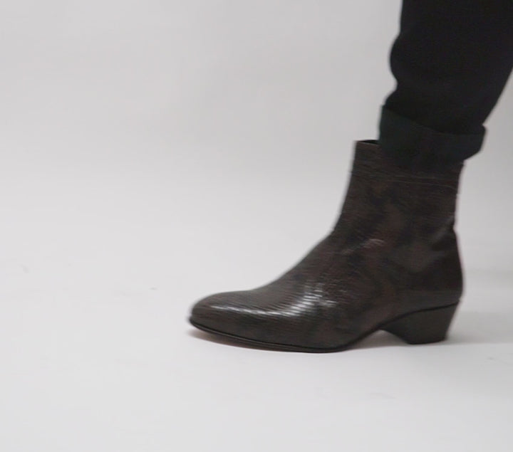 EMMANUEL Mens Snakeprint Leather Cuban Heel Boots Vison