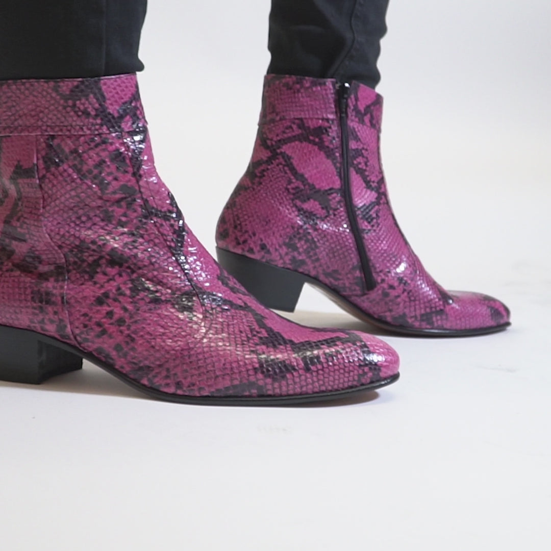 Club Cubano EMMANUEL Mens Snakeprint Leather Cuban Heel Boots Neon Magenta