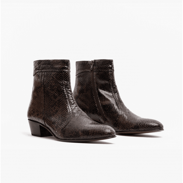 EMMANUEL Mens Snakeprint Leather Cuban Heel Boots Vison